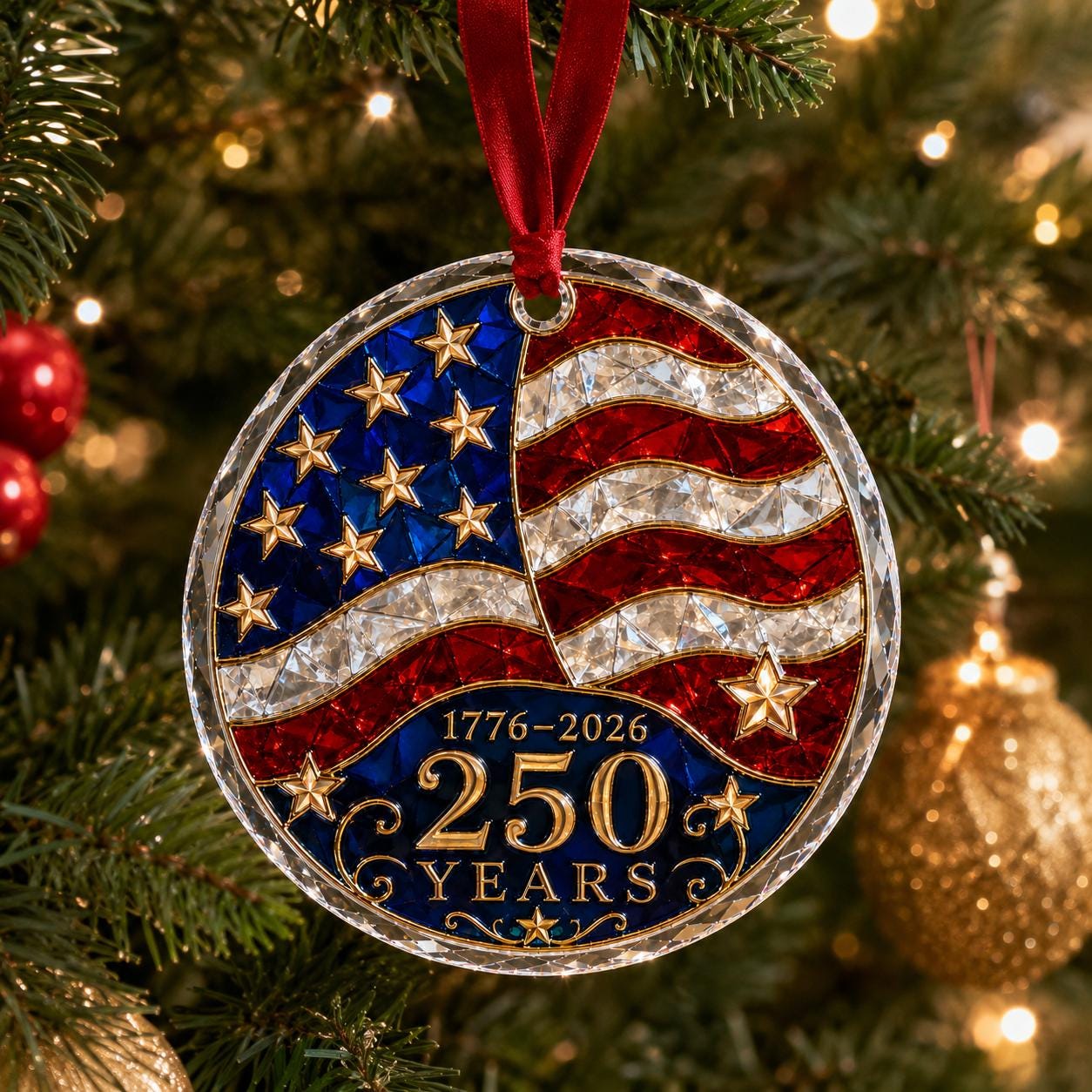 America 250 Glass Printed  Ornament, USA 250th Anniversary Christmas Ornament, Patriotic American Flag Ornament, 1776-2026 Keepsake