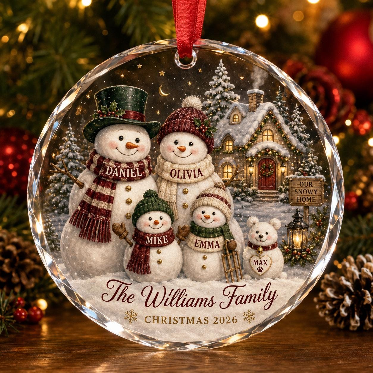 Personalized Family Snowman Crystal Glass Ornament, Custom Names and Pet, Christmas Keepsake, Family Holiday Gift, Christmas Tree Decor 2026