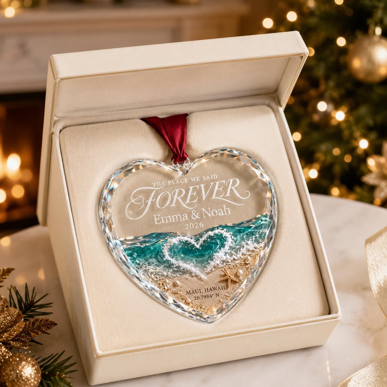 Personalized Wedding Ornament, Custom Location Coordinate Heart Ornament, Couple Christmas Gift, Anniversary Keepsake, Wedding Newlywed Gift
