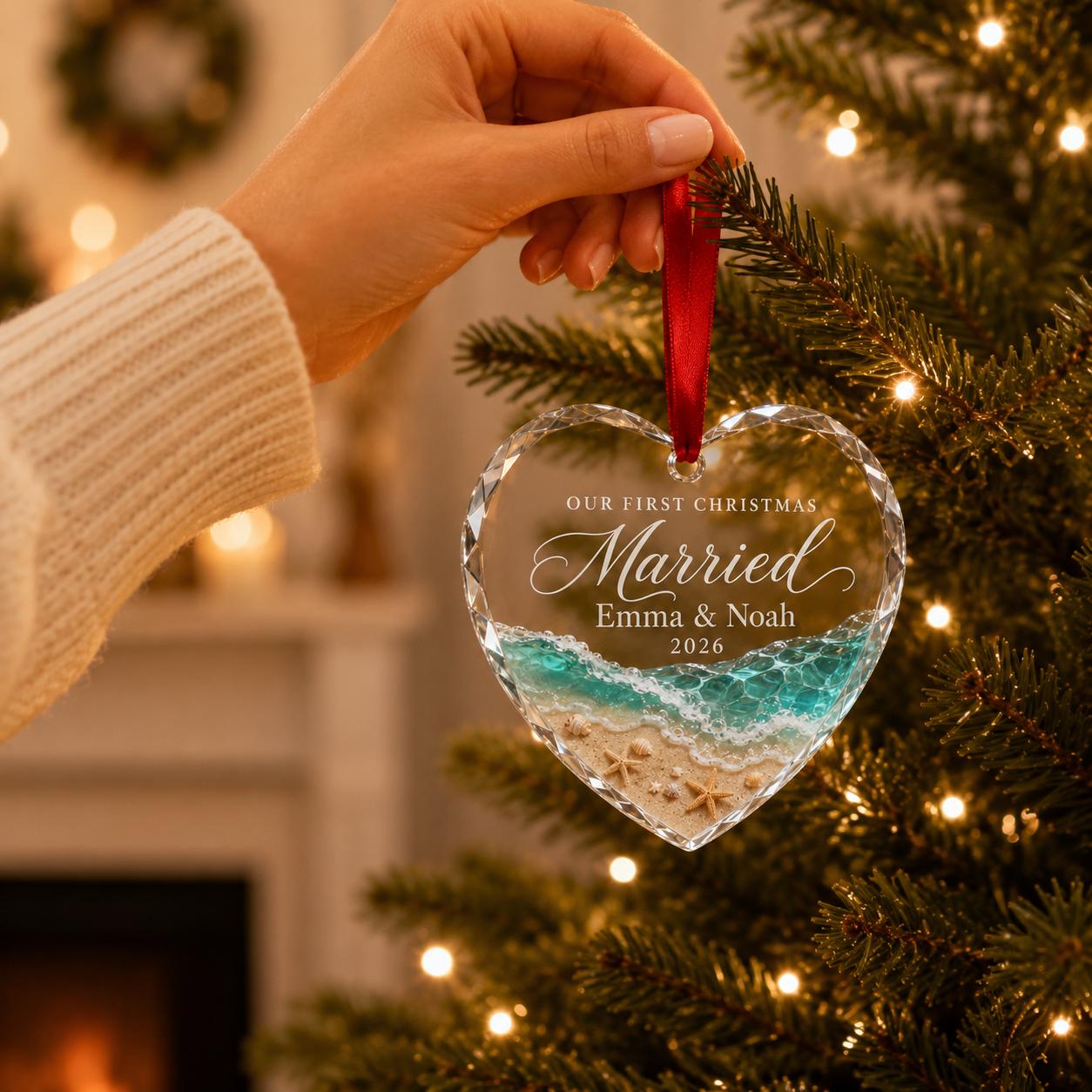 Personalized First Christmas Married Ornament, Newlywed Couple Heart Crystal Ornament, Custom Wedding Keepsake Gift, Christmas Gift 2026