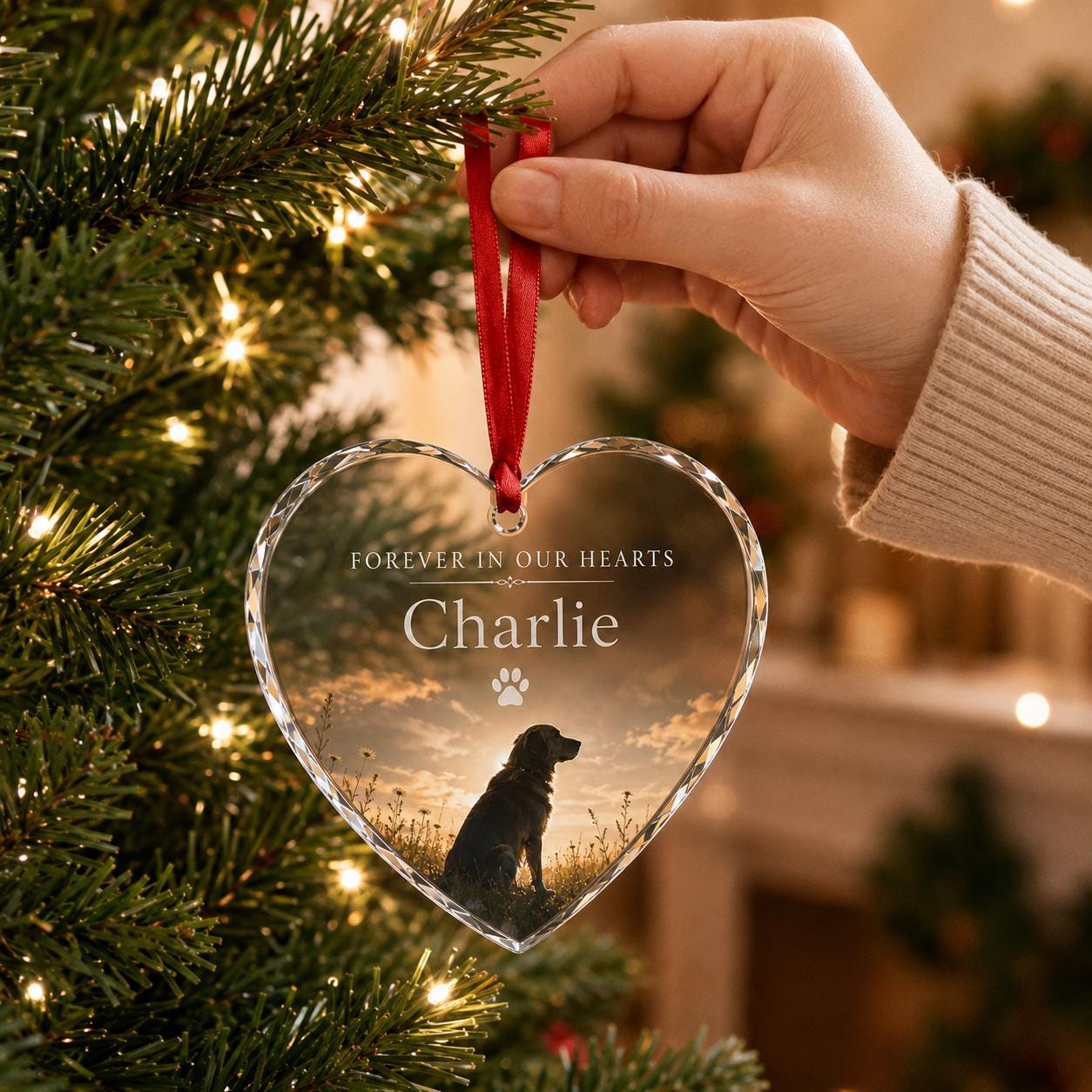 Personalized Pet Memorial Ornament, Dog Loss Keepsake Crystal Heart Ornament, Custom Pet Name Christmas Gift, Dog Memorial Ornament