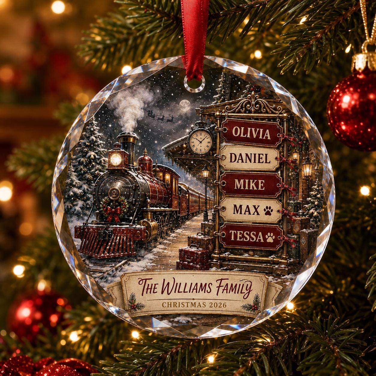 Personalized Family Train Christmas Glass Ornament, Custom Name Glass Ornament, Pet Family Holiday Keepsake, Christmas Family Decor 2026