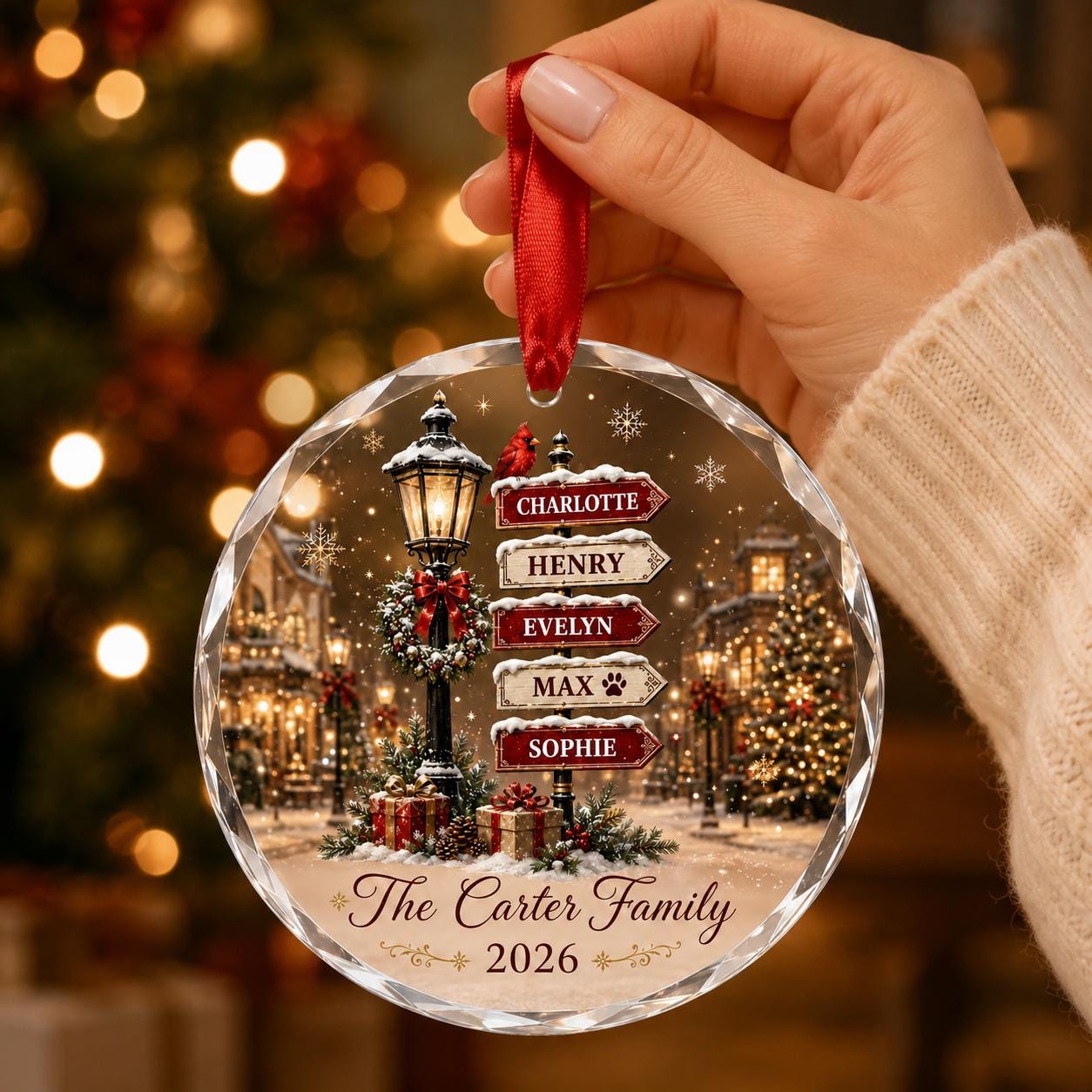Personalized Family Christmas Ornament, Custom Name Crystal Glass Ornament, Family Christmas Keepsake, Snowy Village Holiday Gift 2026
