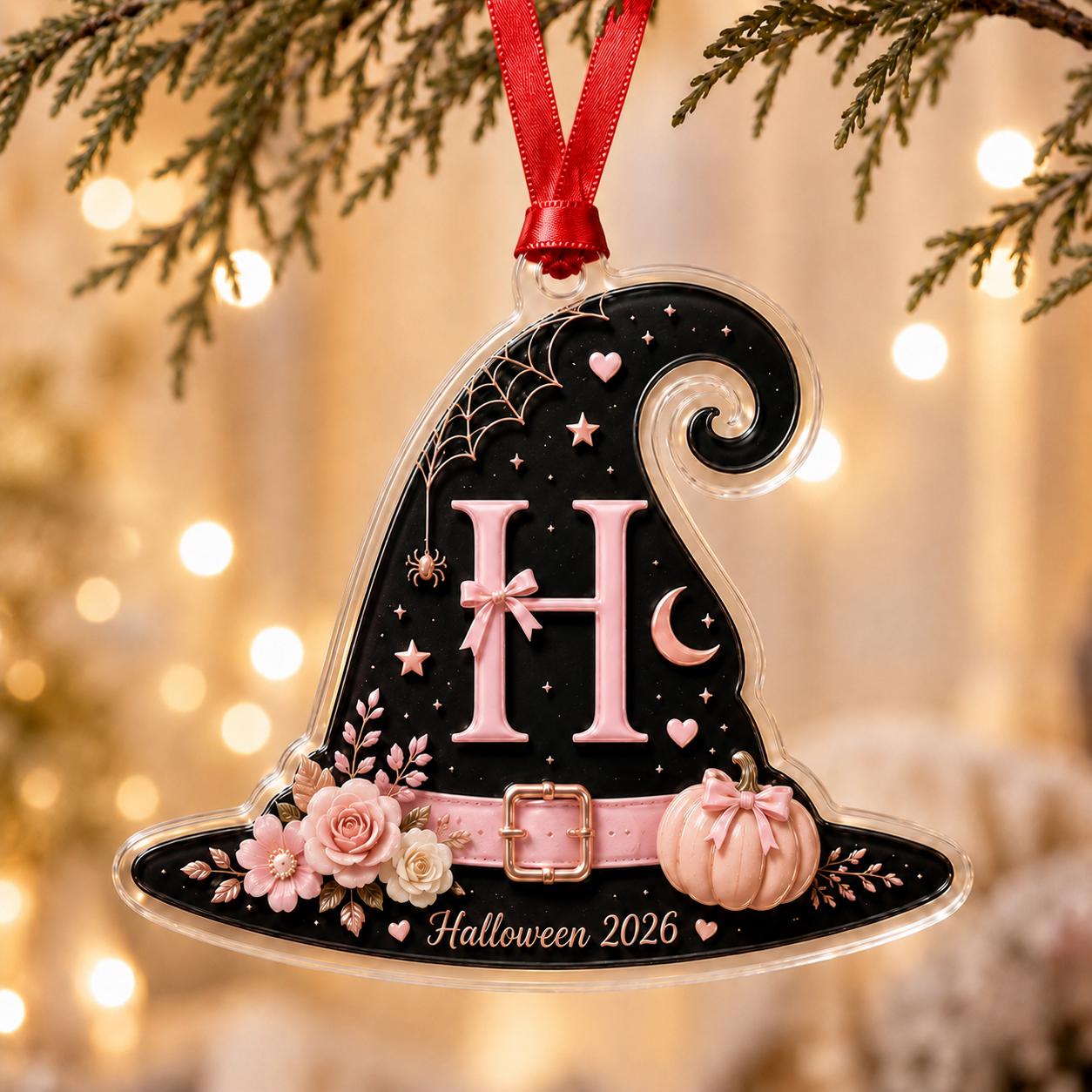 Personalized Halloween Witch Hat Acrylic Ornament, Custom Initial Halloween Tree Decoration, Pumpkin Keepsake Gift 2026 Halloween Onrament