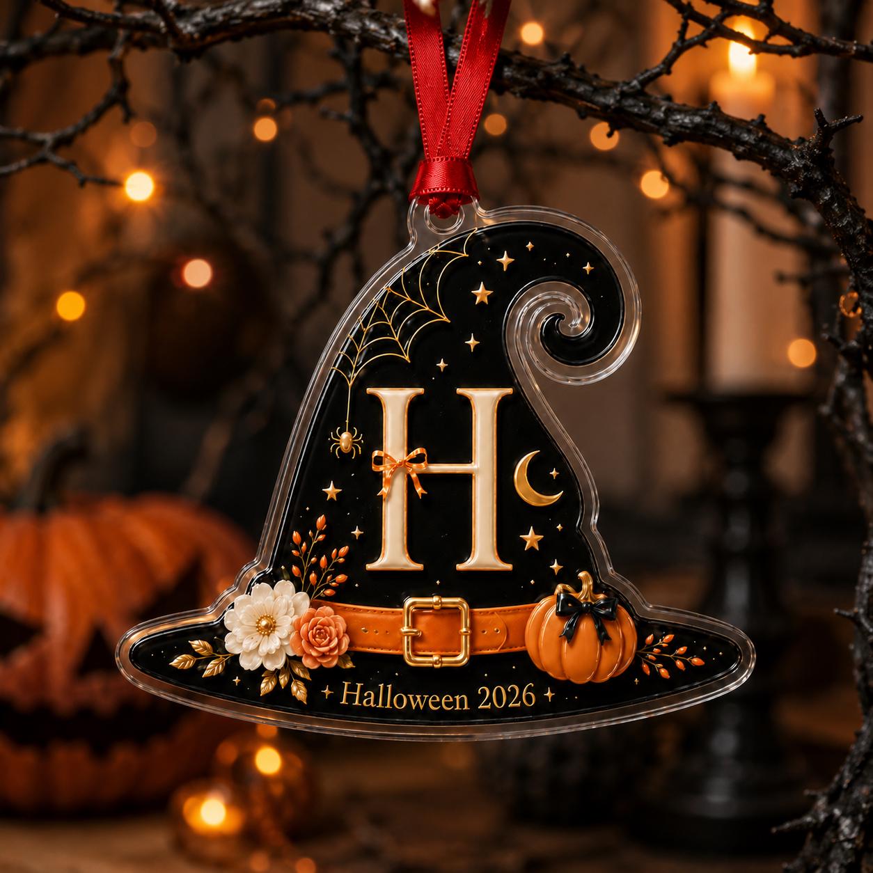 Personalized Halloween Witch Hat Acrylic Ornament, Custom Initial Halloween Tree Decoration, Pumpkin Keepsake Gift 2026 Halloween Onrament