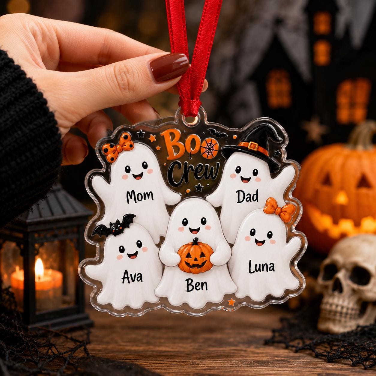 Personalized Family Ghost Acrylic Ornament, Custom Halloween Boo Crew Ornament, Ghost Family Name Ornament, Halloween Keepsake Gift Hallo