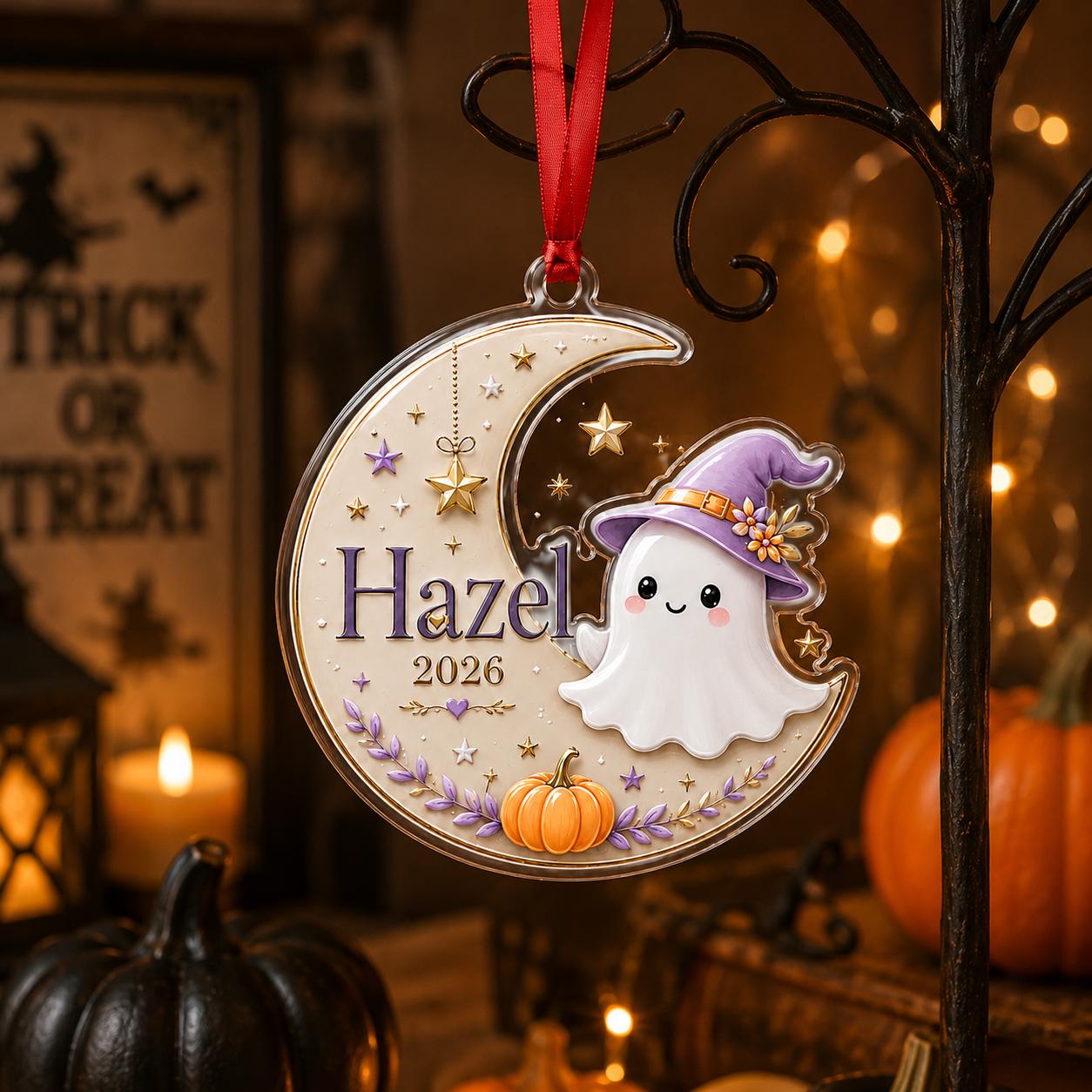 Personalized Ghost Moon Acrylic Ornament, Custom Halloween Ghost Name Ornament, Witch Ghost Keepsake, Cute Spooky Gift for Kids Halloween
