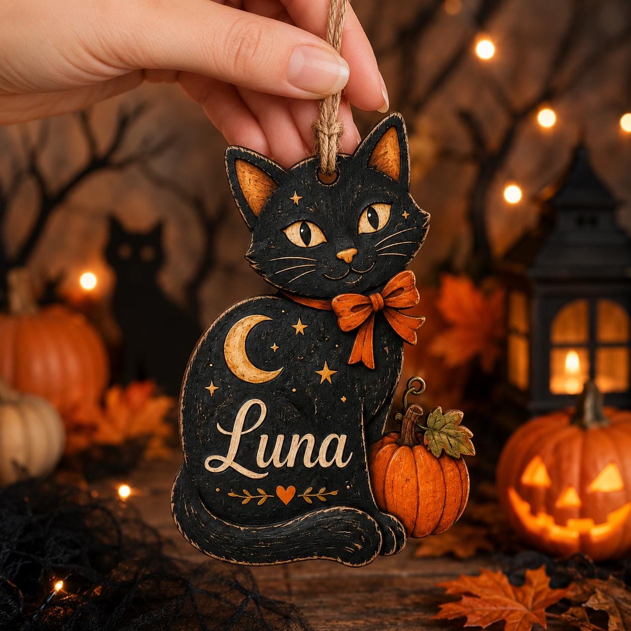Personalized Black Cat Wooden Ornament, Custom Halloween Cat Name Ornament, Rustic Wood Pumpkin Keepsake, Spooky Cat Lover Gift Halloween