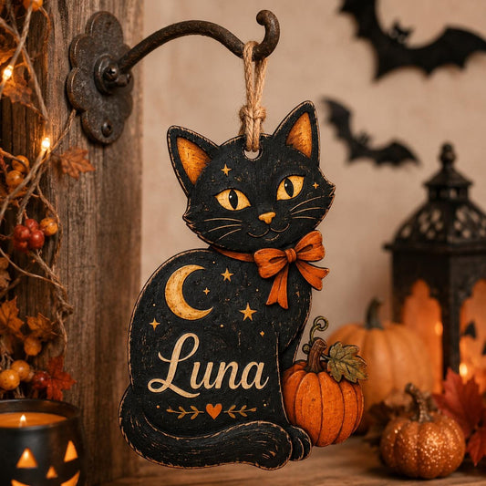 Personalized Black Cat Wooden Ornament, Custom Halloween Cat Name Ornament, Rustic Wood Pumpkin Keepsake, Spooky Cat Lover Gift Halloween