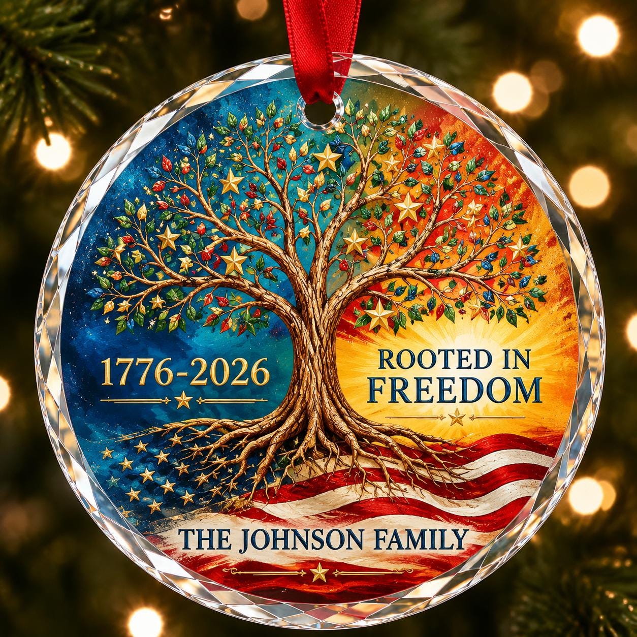 Personalized America 250 Family Glass Ornament, Rooted in Freedom Patriotic Christmas Ornament, Custom USA Name Keepsake Gift 2026 Ornament