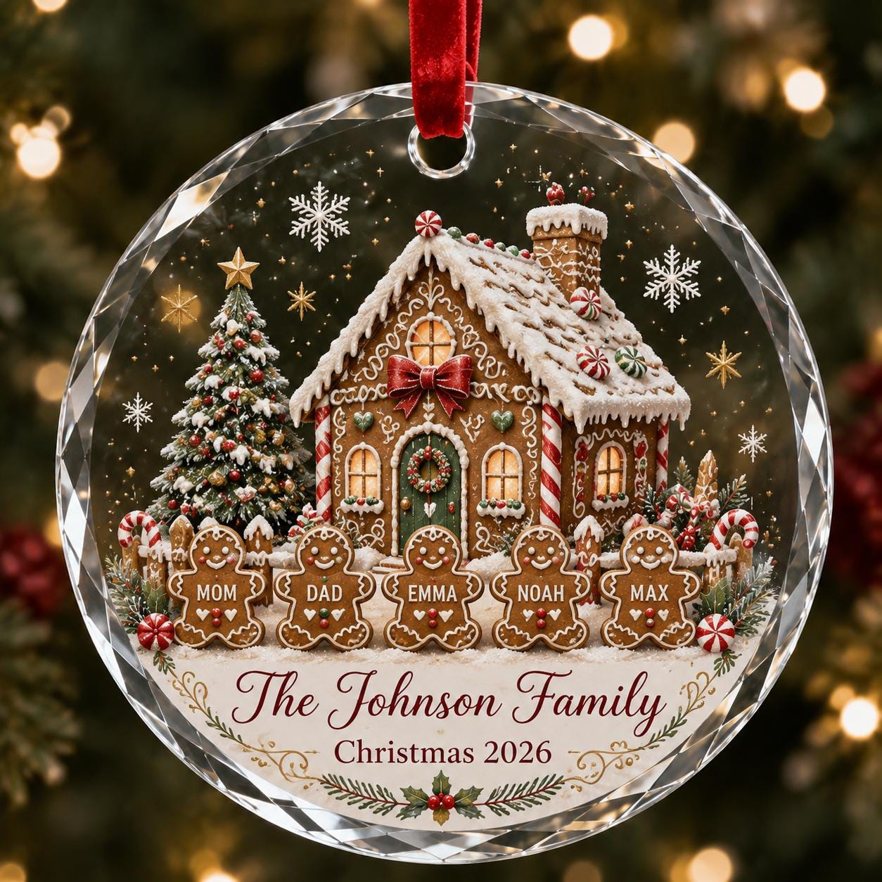 Personalized Gingerbread Family Glass Ornament, Custom Name Christmas Ornament, Family Holiday Keepsake Gift, Christmas Tree Decor 2026