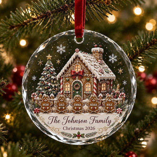 Personalized Gingerbread Family Glass Ornament, Custom Name Christmas Ornament, Family Holiday Keepsake Gift, Christmas Tree Decor 2026