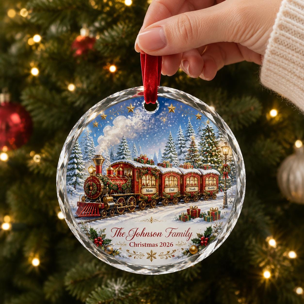 Personalized Family Train Glass Ornament, Custom Name Christmas Train Ornament, Holiday Family Keepsake Gift, Christmas Decor Ornament 2026