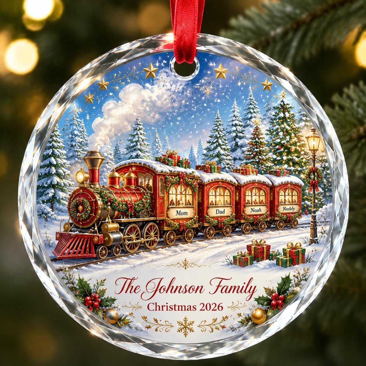 Personalized Family Train Glass Ornament, Custom Name Christmas Train Ornament, Holiday Family Keepsake Gift, Christmas Decor Ornament 2026