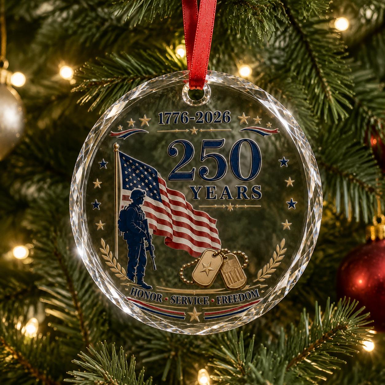 America 250 Military Glass Ornament 2026, Patriotic Veteran Christmas Ornament, USA Flag Service Keepsake Gift, Freedom Anniversary Decor