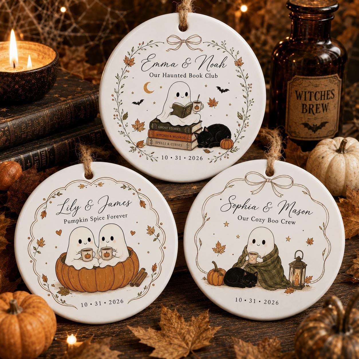 Personalized Ghost Couple Halloween Ornament, Custom Cute Ghost Book Club Ceramic Ornament, Fall Pumpkin Keepsake Gift Halloween Gift