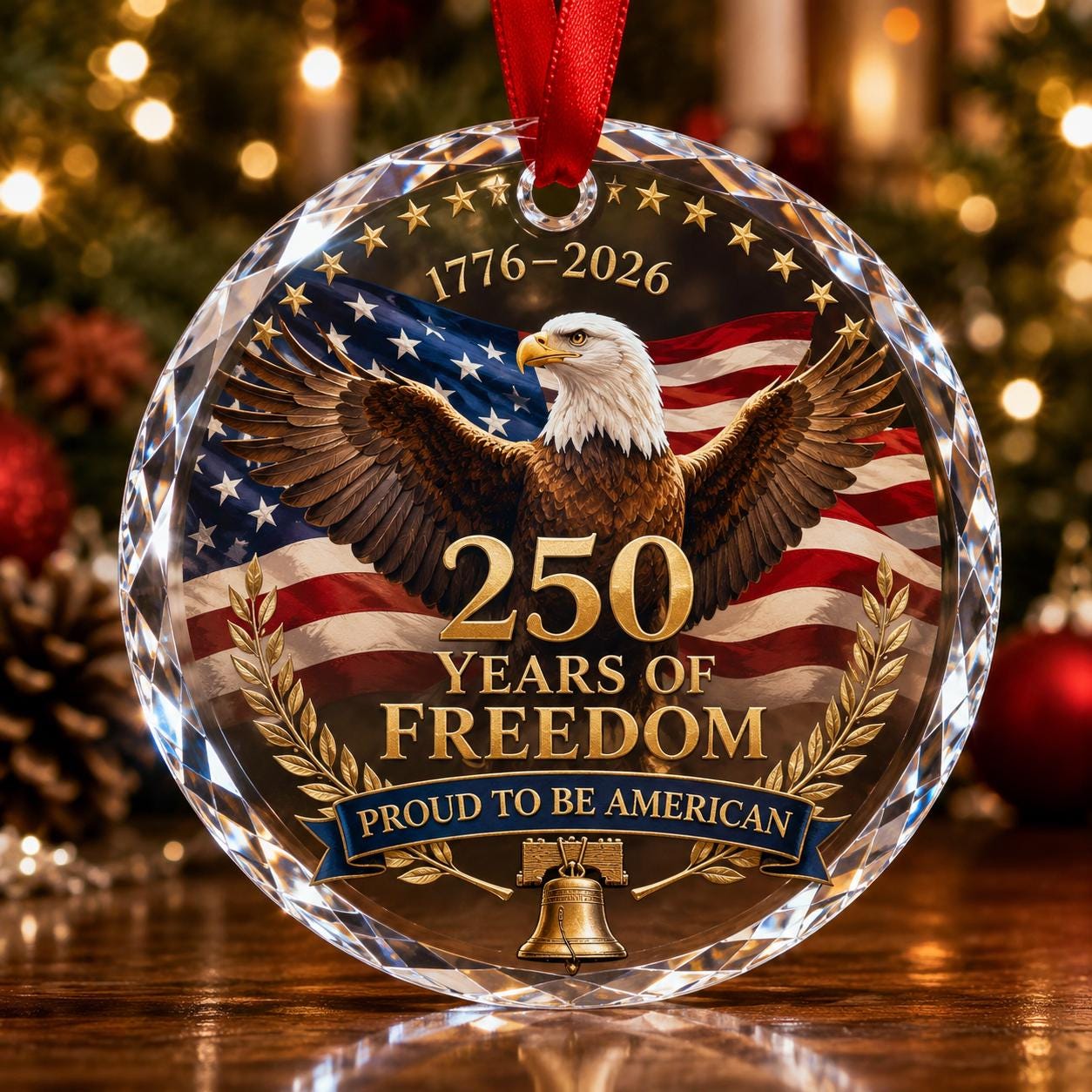 America 250 Bald Eagle Glass Ornament, Patriotic American Flag Christmas Keepsake, 1776–2026 Freedom Gift, Proud to be American Decor 2026