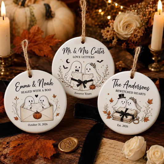 Personalized Ghost Love Letter Halloween Ornament, Custom Ceramic Couple Ornament, Spooky Wedding Gift, Fall Keepsake Decor Halloween Gift