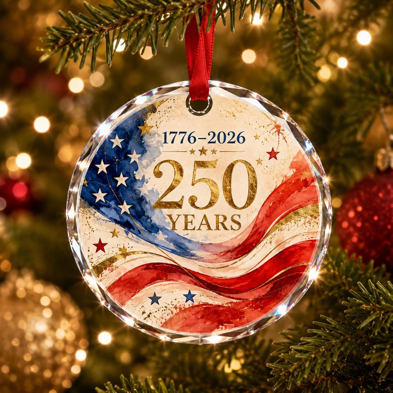 America 250 Glass Ornament 2026, Patriotic USA Flag Christmas Ornament, 1776-2026 Freedom Keepsake, 250th Anniversary Holiday Gift USA Decor