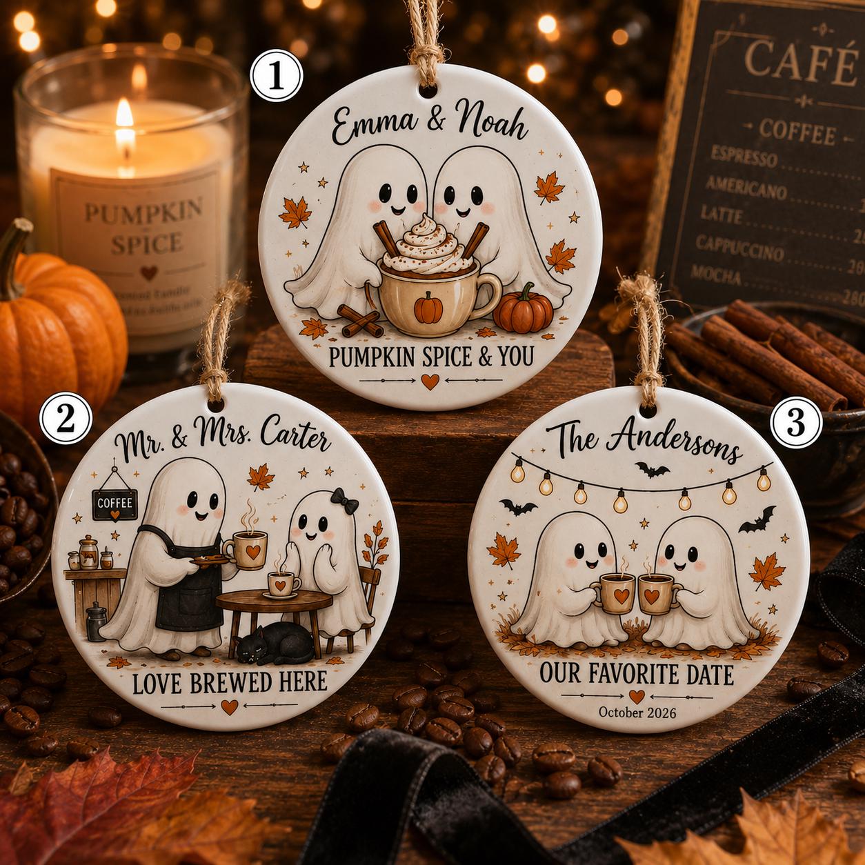 Personalized Ghost Coffee Halloween Ornament, Custom Ceramic Couple Ornament, Pumpkin Spice Lovers Gift, Fall Coffee Keepsake Decor Ornament