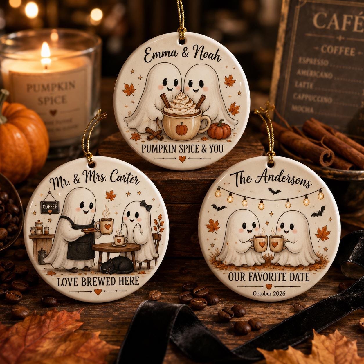 Personalized Ghost Coffee Halloween Ornament, Custom Ceramic Couple Ornament, Pumpkin Spice Lovers Gift, Fall Coffee Keepsake Decor Ornament