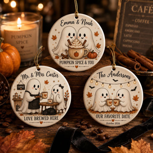 Personalized Ghost Coffee Halloween Ornament, Custom Ceramic Couple Ornament, Pumpkin Spice Lovers Gift, Fall Coffee Keepsake Decor Ornament