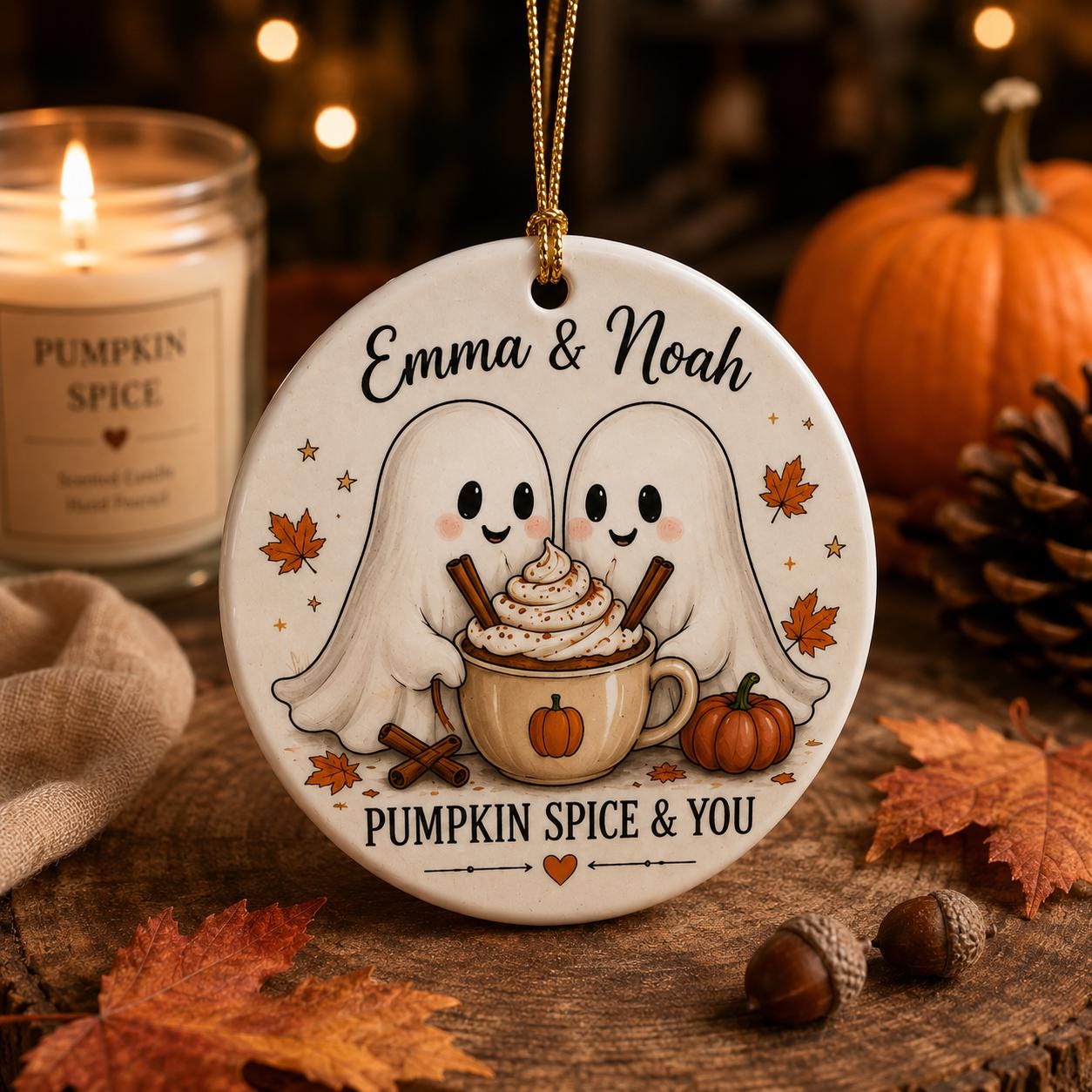 Personalized Ghost Coffee Halloween Ornament, Custom Ceramic Couple Ornament, Pumpkin Spice Lovers Gift, Fall Coffee Keepsake Decor Ornament