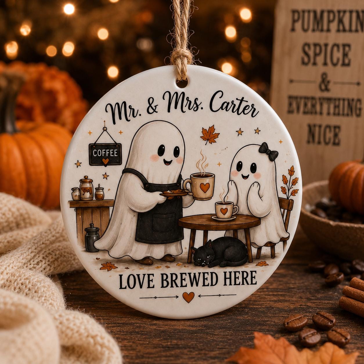 Personalized Ghost Coffee Halloween Ornament, Custom Ceramic Couple Ornament, Pumpkin Spice Lovers Gift, Fall Coffee Keepsake Decor Ornament