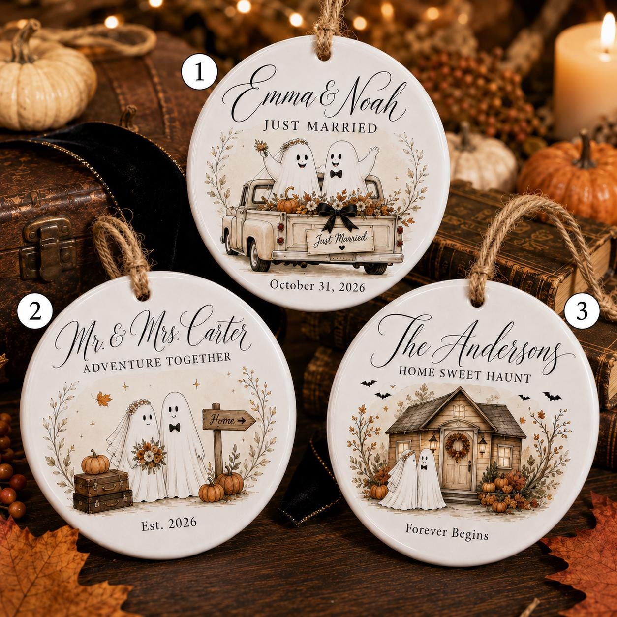 Personalized Ghost Wedding Halloween Ornament, Custom Ceramic Newlywed Ornament, Just Married Gift, First Halloween Married Keepsake