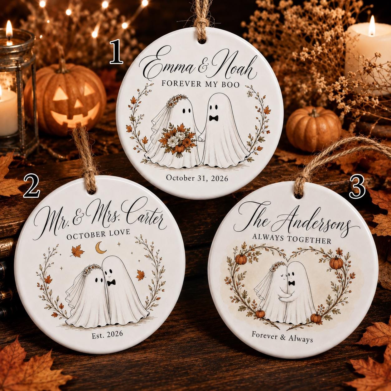 Personalized Ghost Couple Halloween Ornament, Custom Ceramic Wedding Ornament, Spooky Newlywed Gift, First Halloween Married Keepsake