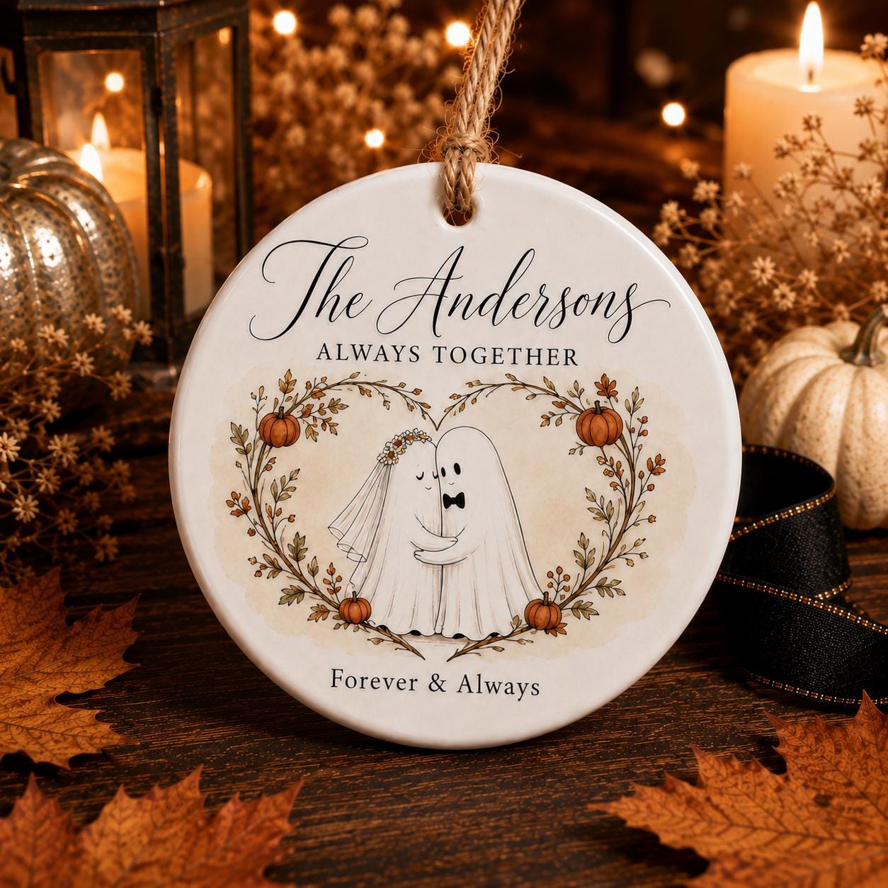 Personalized Ghost Couple Halloween Ornament, Custom Ceramic Wedding Ornament, Spooky Newlywed Gift, First Halloween Married Keepsake