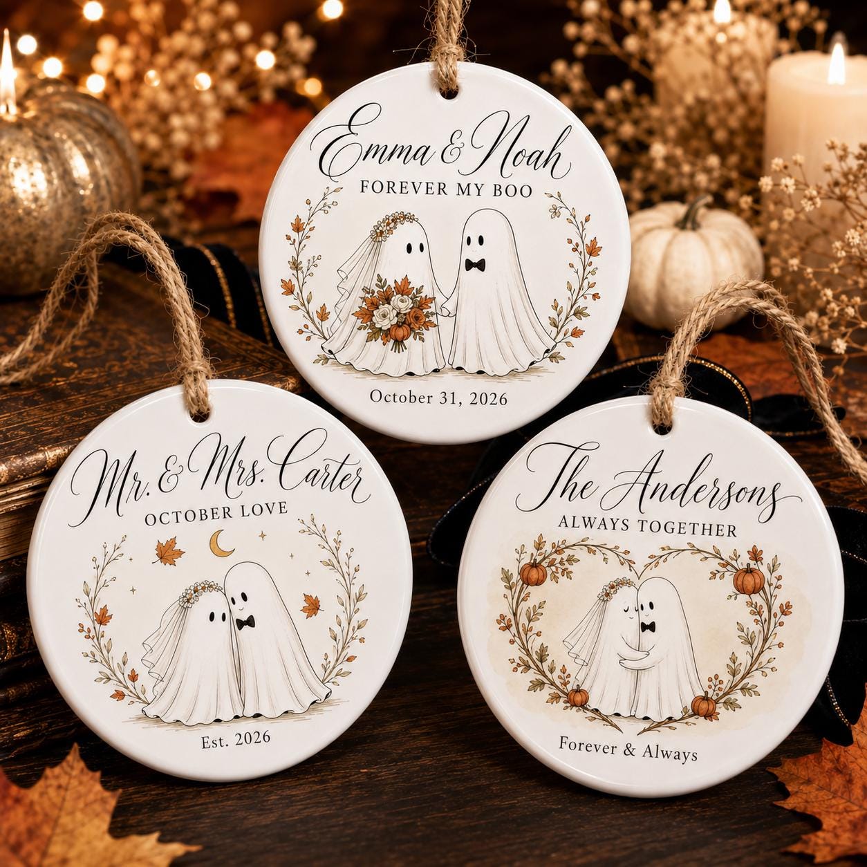 Personalized Ghost Couple Halloween Ornament, Custom Ceramic Wedding Ornament, Spooky Newlywed Gift, First Halloween Married Keepsake