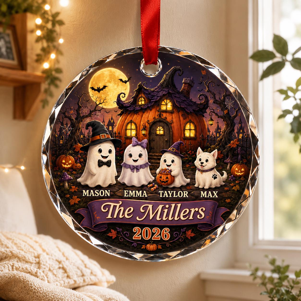 Personalized Halloween Family Glass Ornament, Custom Ghost Pumpkin House Crystal Ornament, Family Name Halloween Keepsake Gift 2026 Ornament