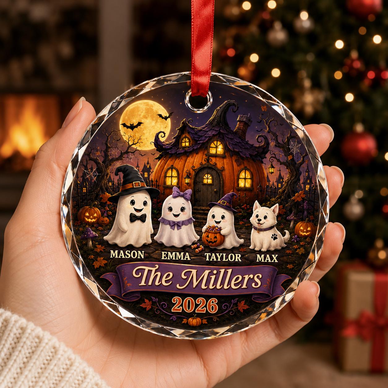Personalized Halloween Family Glass Ornament, Custom Ghost Pumpkin House Crystal Ornament, Family Name Halloween Keepsake Gift 2026 Ornament