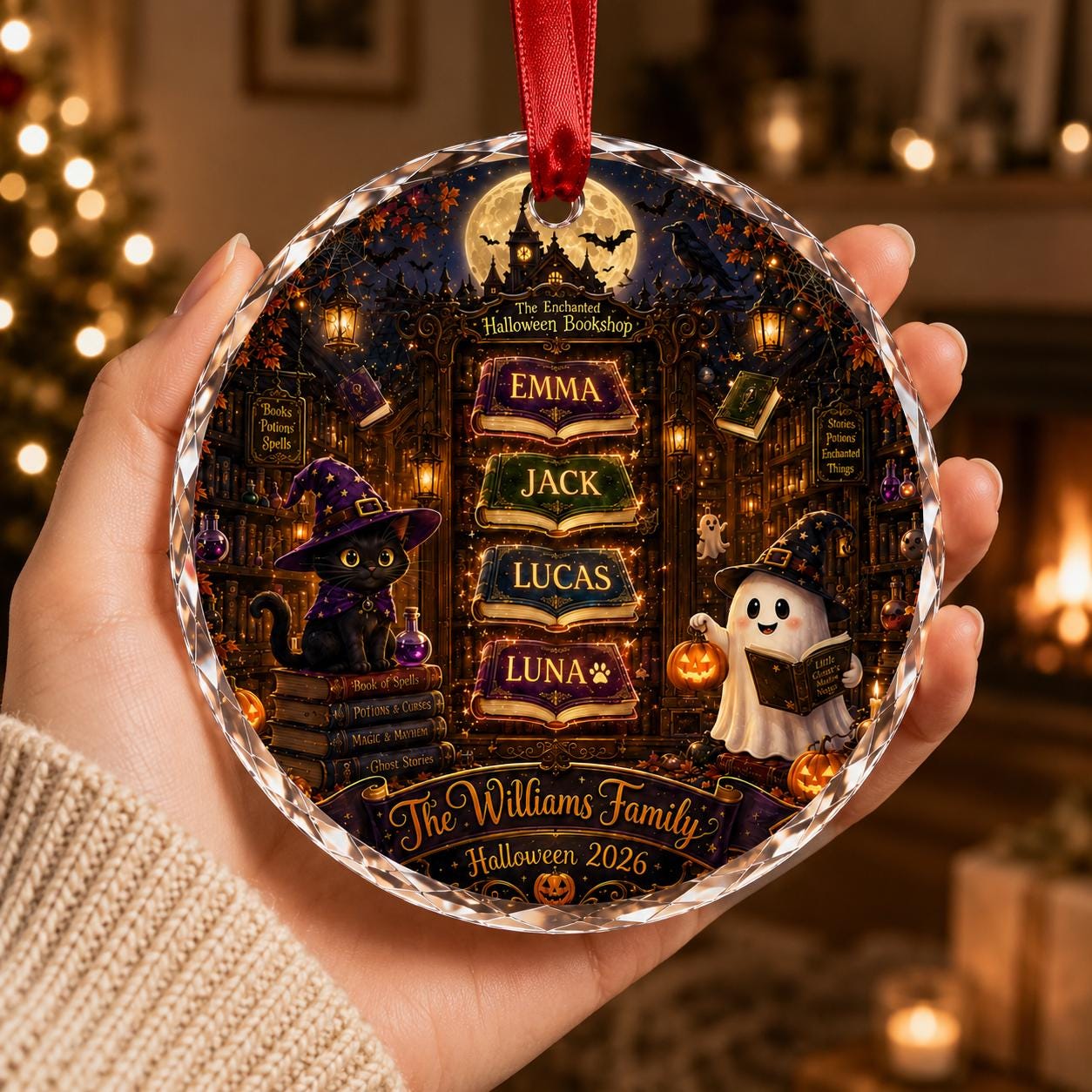 Personalized Halloween Book Ornament, Custom Family Library Glass Ornament, Halloween Bookshelf Crystal Keepsake Gift for Readers Halloween