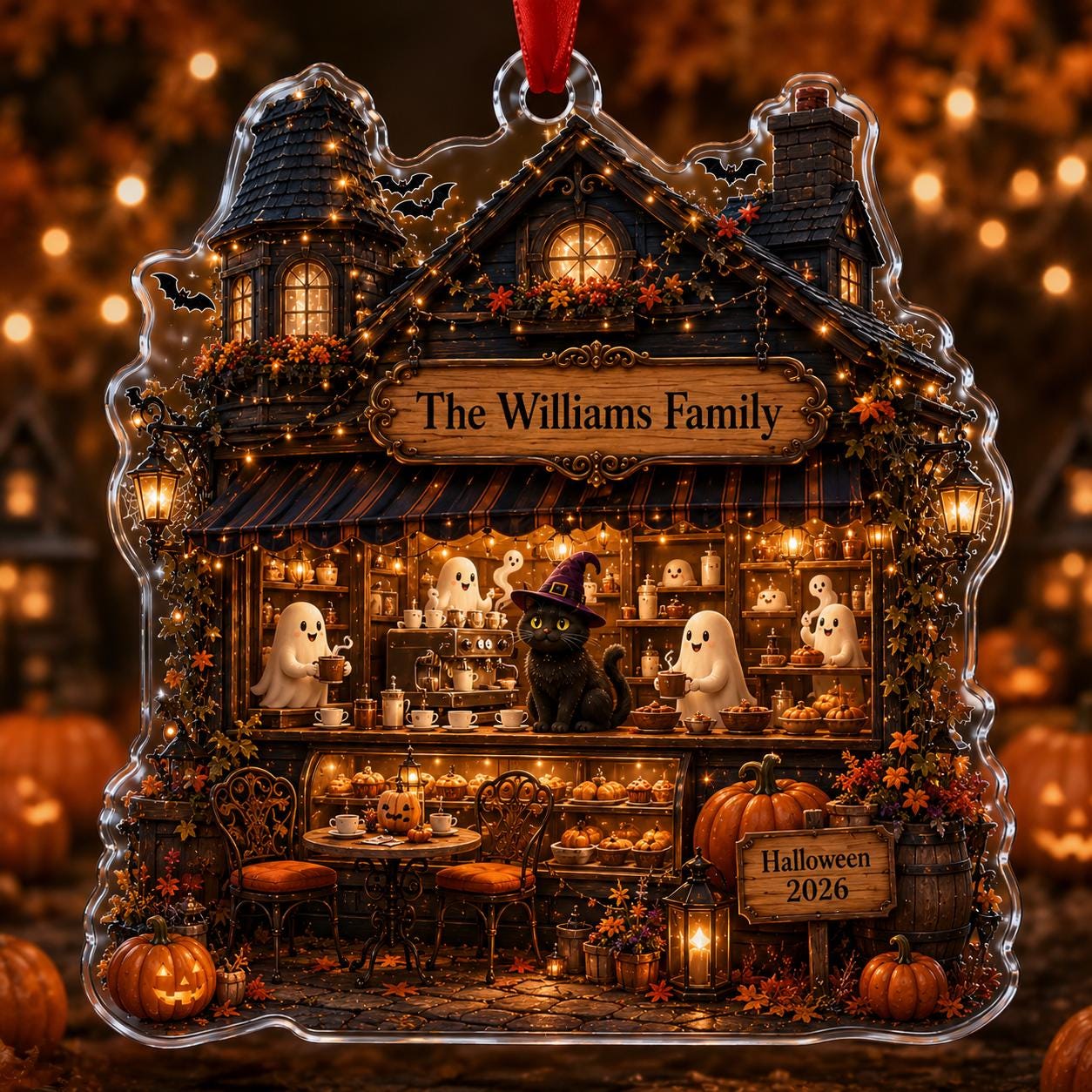 Personalized Halloween Acrylic Ornament, Custom Haunted Coffee Shop Ornament, Ghost Cat Family Keepsake, Spooky Halloween Tree Decor
