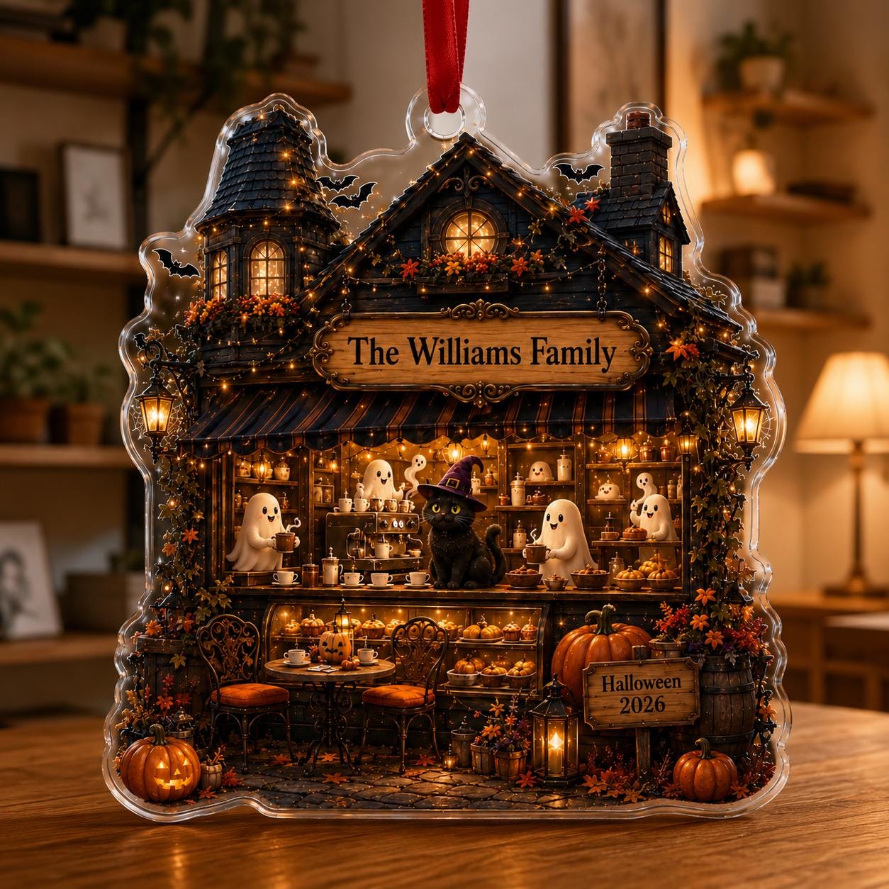 Personalized Halloween Acrylic Ornament, Custom Haunted Coffee Shop Ornament, Ghost Cat Family Keepsake, Spooky Halloween Tree Decor