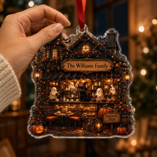 Personalized Halloween Acrylic Ornament, Custom Haunted Coffee Shop Ornament, Ghost Cat Family Keepsake, Spooky Halloween Tree Decor