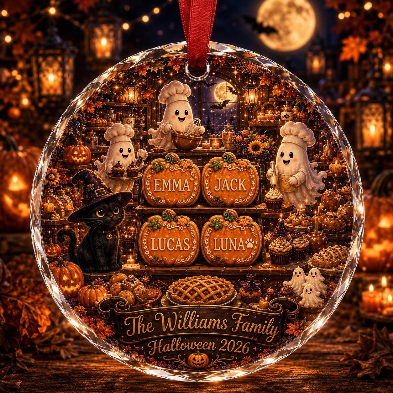 Personalized Halloween Bakery Glass Ornament, Custom Ghost Baker Family Ornament, Pumpkin Cookie Keepsake, Black Cat Halloween Gift 2026