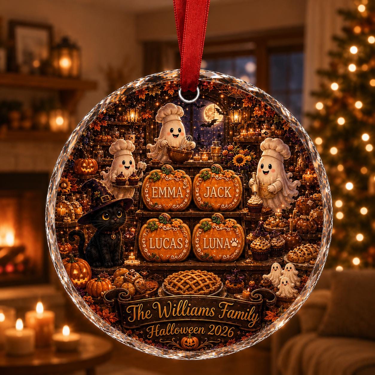 Personalized Halloween Bakery Glass Ornament, Custom Ghost Baker Family Ornament, Pumpkin Cookie Keepsake, Black Cat Halloween Gift 2026