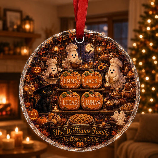 Personalized Halloween Bakery Glass Ornament, Custom Ghost Baker Family Ornament, Pumpkin Cookie Keepsake, Black Cat Halloween Gift 2026