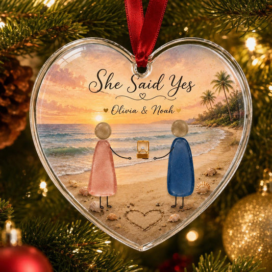 Personalized Engagement Glass Ornament, She Said Yes Heart Ornament, Custom Couple Beach Proposal Keepsake, Engagement Gift Ornament 2026