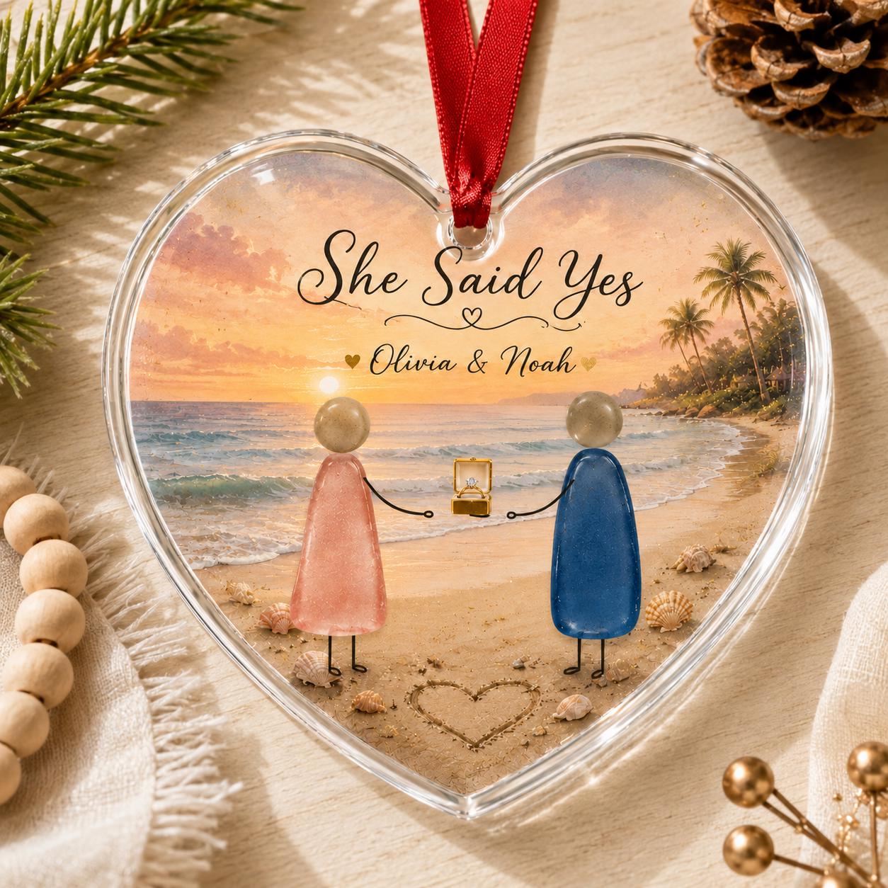 Personalized Engagement Glass Ornament, She Said Yes Heart Ornament, Custom Couple Beach Proposal Keepsake, Engagement Gift Ornament 2026