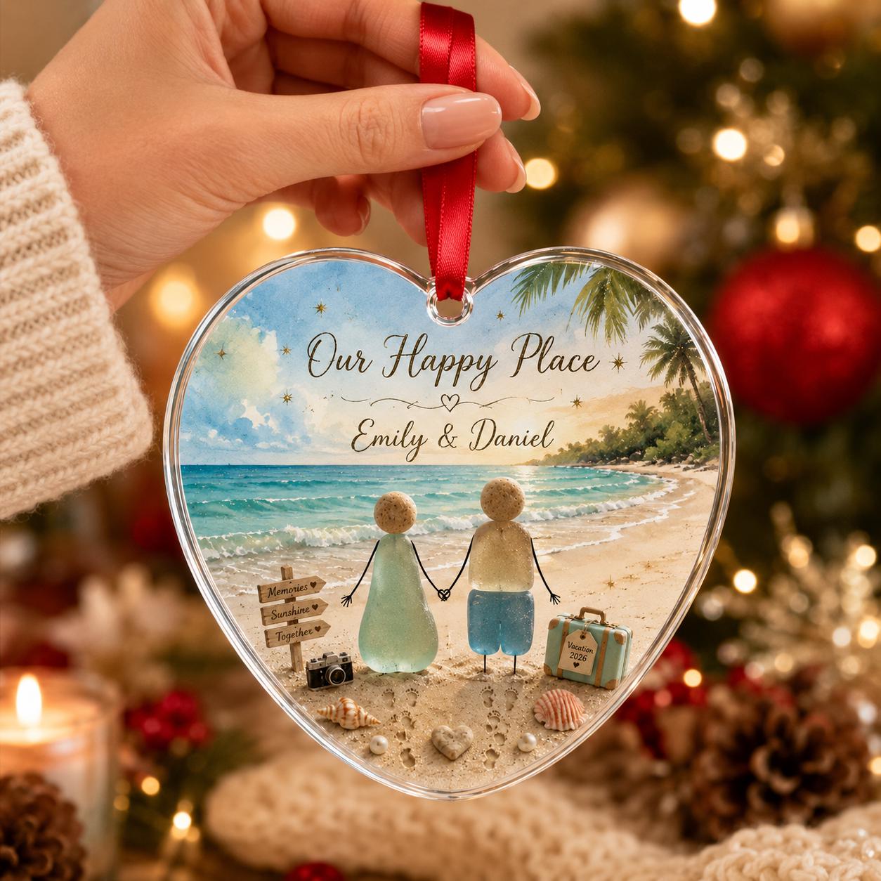 Personalized Couple Beach Glass Ornament, Our Happy Place Heart Ornament, Custom Names Vacation Keepsake, Romantic Christmas Gift 2026