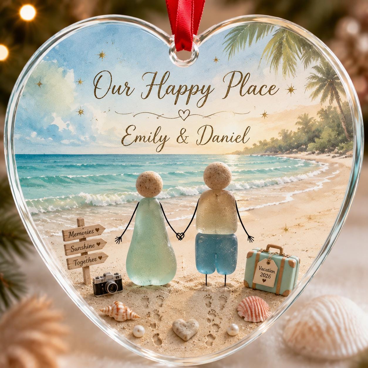 Personalized Couple Beach Glass Ornament, Our Happy Place Heart Ornament, Custom Names Vacation Keepsake, Romantic Christmas Gift 2026