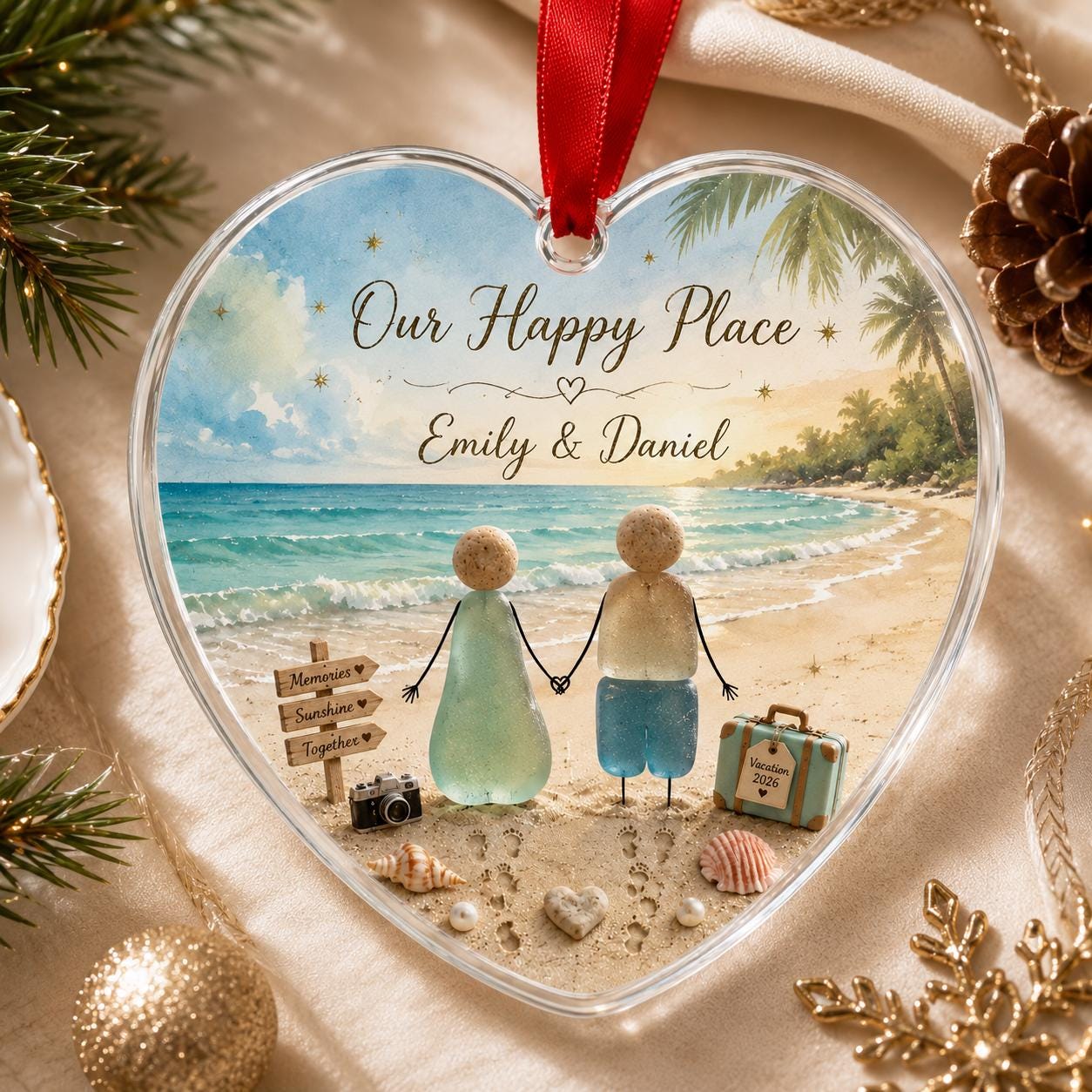 Personalized Couple Beach Glass Ornament, Our Happy Place Heart Ornament, Custom Names Vacation Keepsake, Romantic Christmas Gift 2026