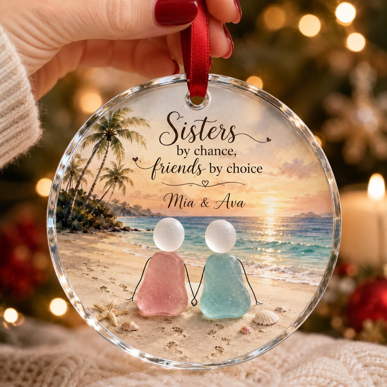 Personalized Sister Glass Ornament, Sisters by Chance Friends by Choice, Custom Names Beach Christmas Keepsake, Sister Gift Christmas 2026