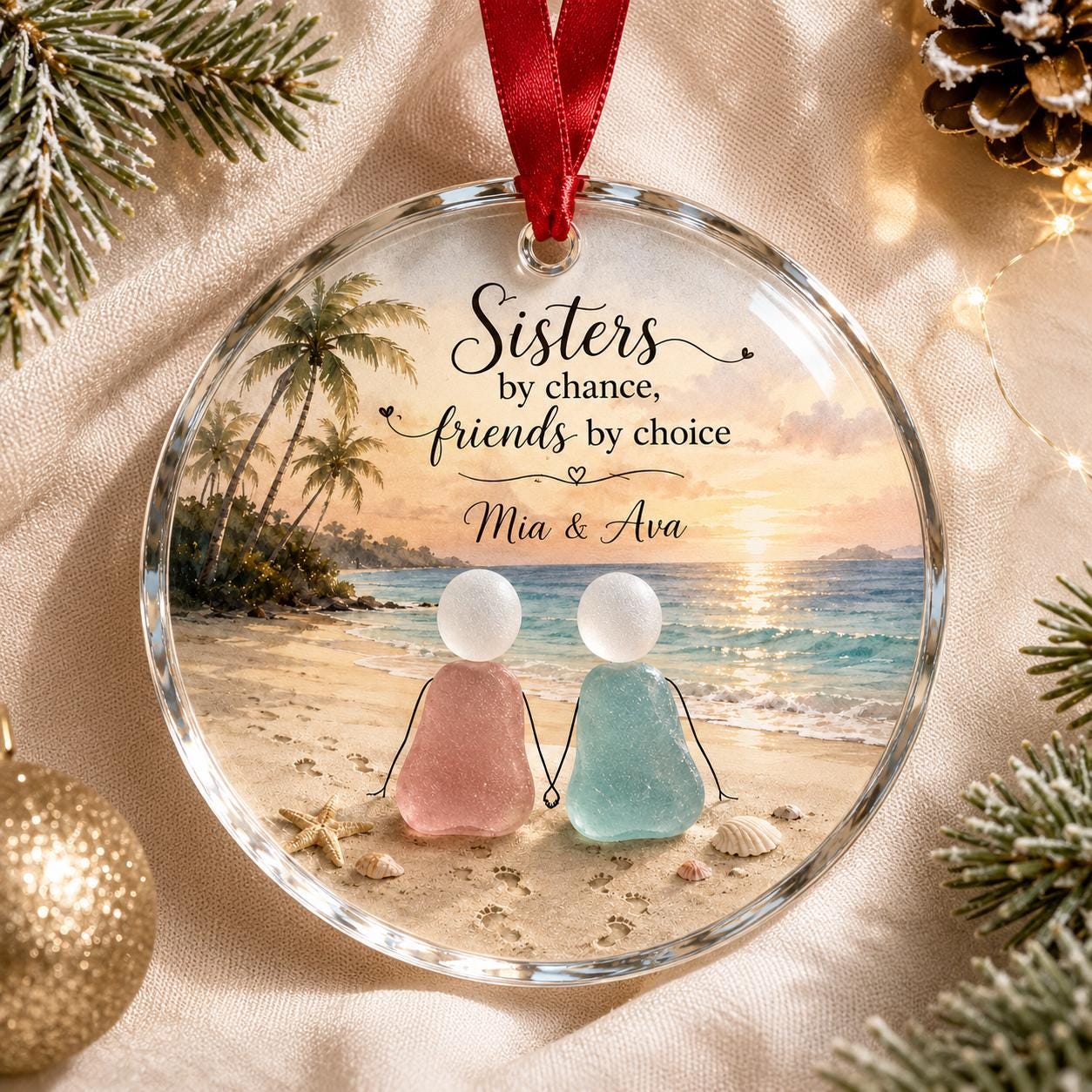 Personalized Sister Glass Ornament, Sisters by Chance Friends by Choice, Custom Names Beach Christmas Keepsake, Sister Gift Christmas 2026