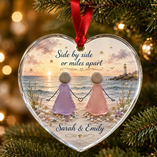 Personalized Sister Glass Ornament, Best Friend Side by Side or Miles Apart, Beach Keepsake, Long Distance Sister Christmas Gift 2026 Decor