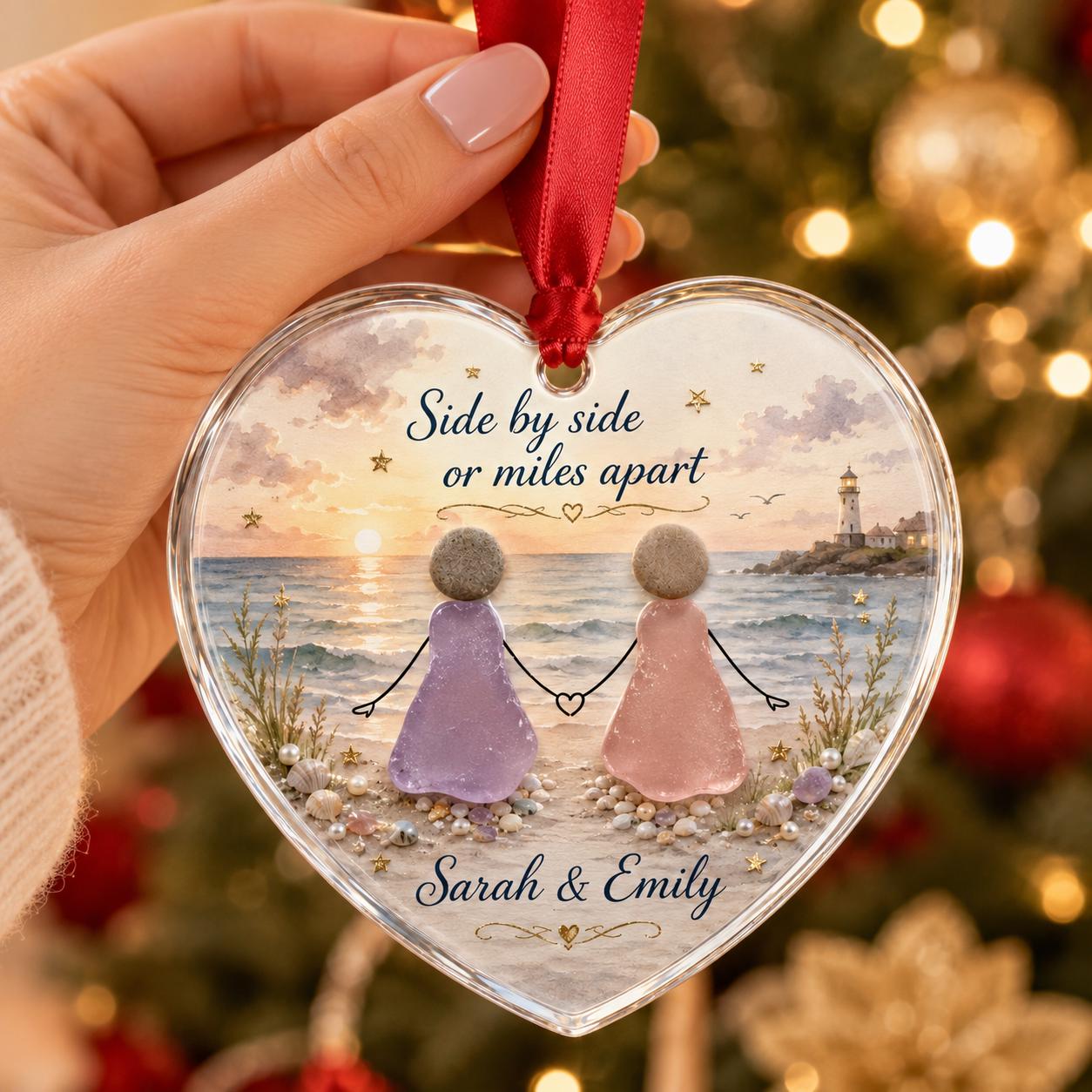 Personalized Sister Glass Ornament, Best Friend Side by Side or Miles Apart, Beach Keepsake, Long Distance Sister Christmas Gift 2026 Decor